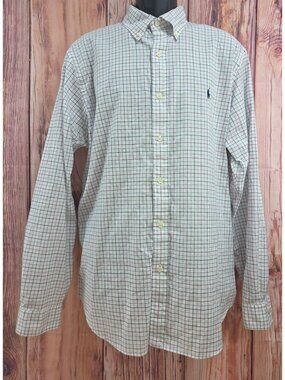 Ralph Lauren Mens XL Button Down Long Sleeve Shirt Plaid Cotton White Blue